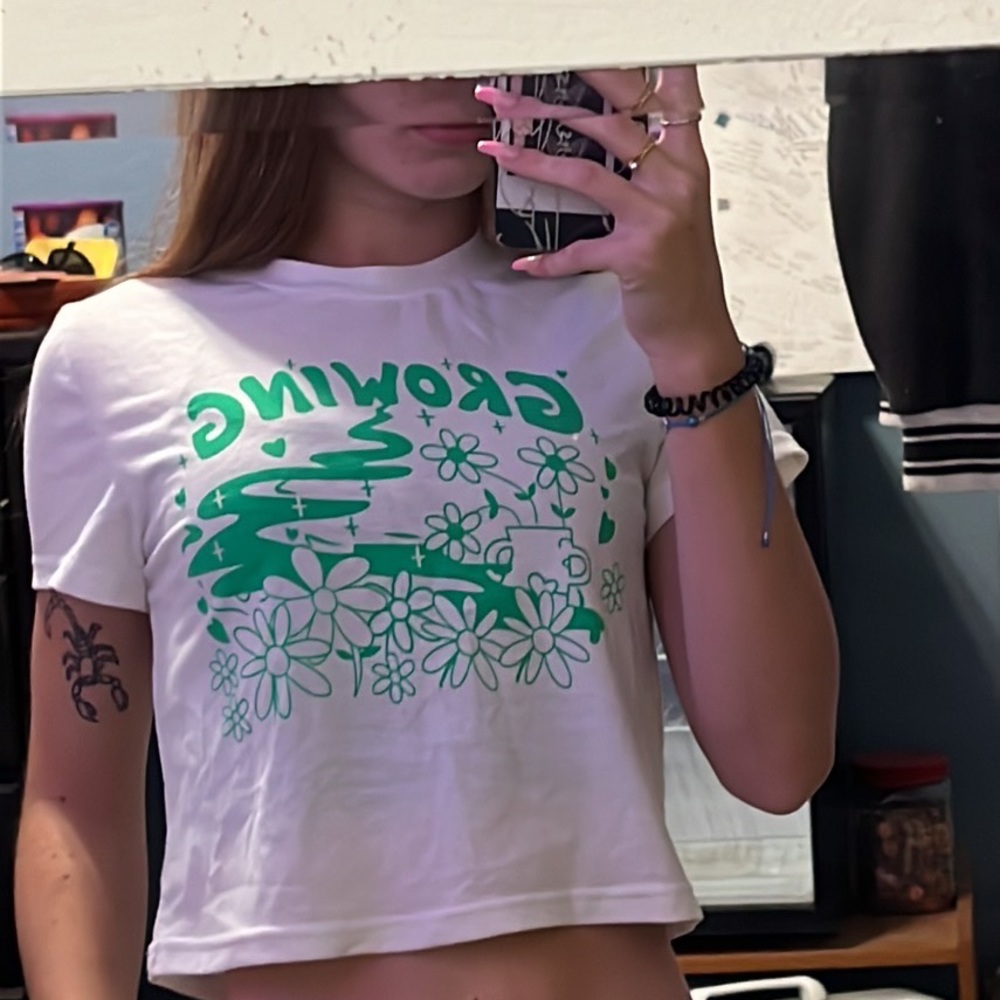 Selling: White, green lettering, crop top. Size small. Ordered from Romwe.com